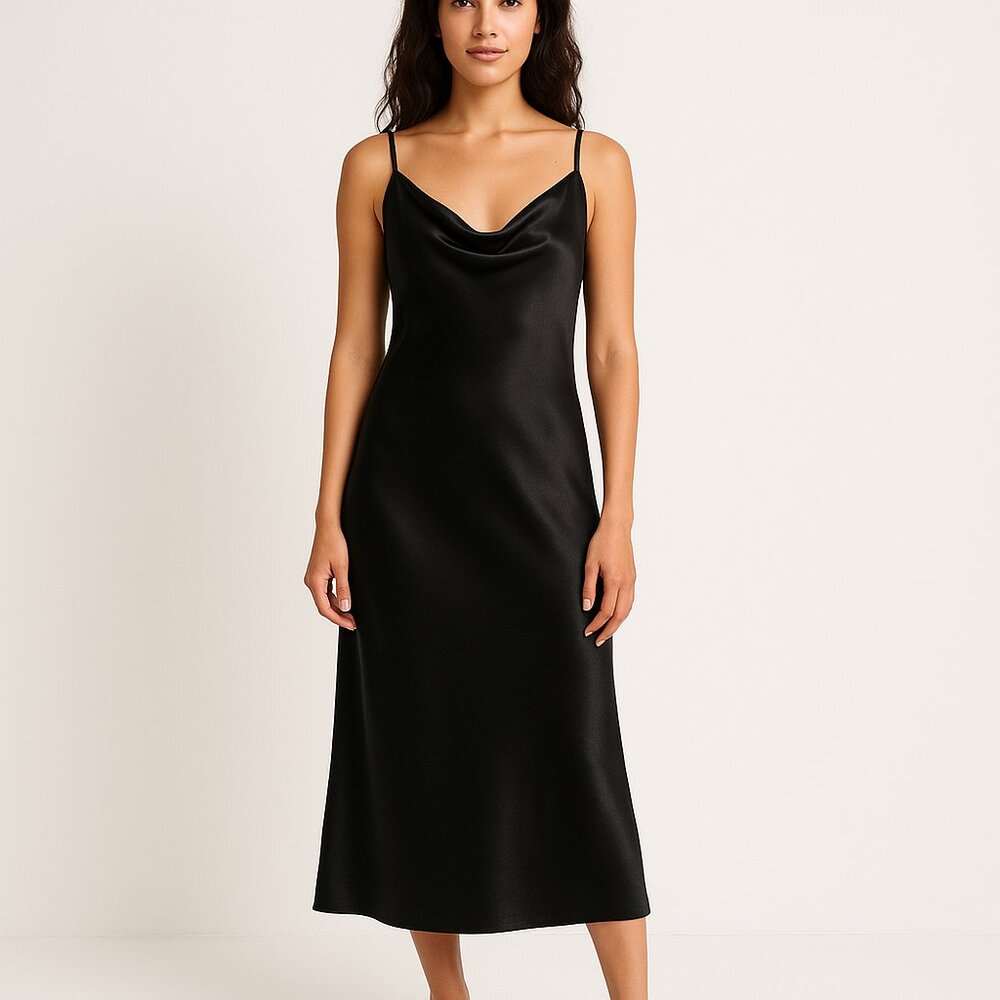 Emma & Michele Solid Black Satin Spaghetti Strap Cowl Midi Dress Vamp Goth- XL